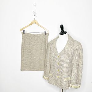 St. John Collection Taupe Turquoise Blue Tweed Santana Knit SKIRT SUIT womens 10